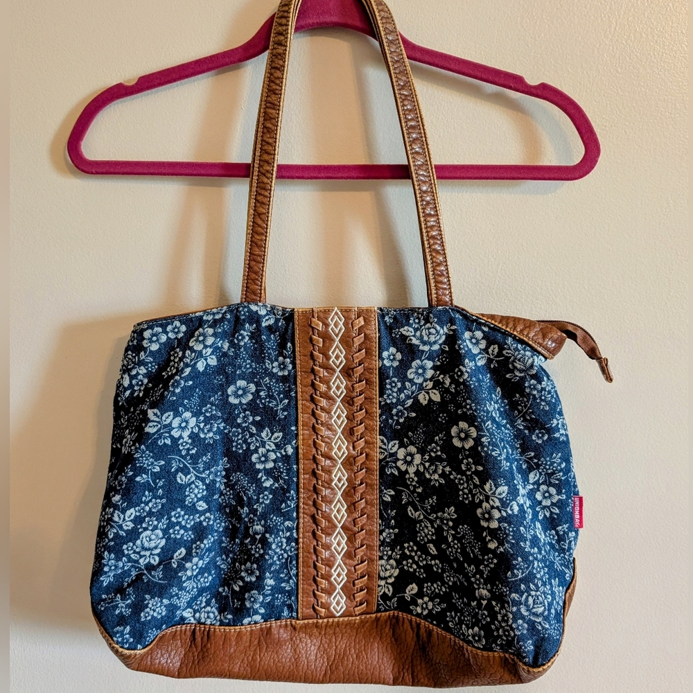 UNIONBAY Blue and White Floral Tote Bag with Leather Like Accents